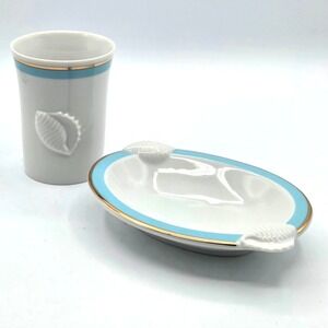 Ben Rickert Seashell Soap Dish and Tumbler White‎ with Blue Gold Trim BEACH